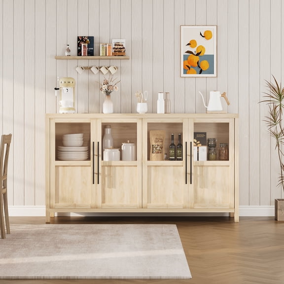Modern Farmhouse Buffet Cabinet with Glass Doors, Large Sideboard Storage Cabinet for Kitchen, Dining Room, Living Room for Organizing and Displaying