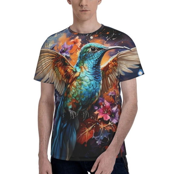 Men's Graphic T Shirt Short Sleeve Summer Casual Tee, Hummingbird Galaxy Art