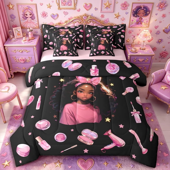 Castle Fairy Glam Black Girl Twin Bedding 7-Piece,Stars Print Bedding Comforter Set,Pink Black,Pink Reversible