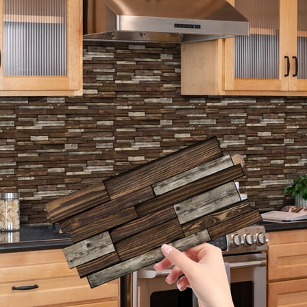 12Piece Brown and Gray Wood GrainTiles Stickers Wall Decals 4.72 x 9.68inch DIY Decor Peel and Stick Waterproof Kitchen  Backsplash Tile