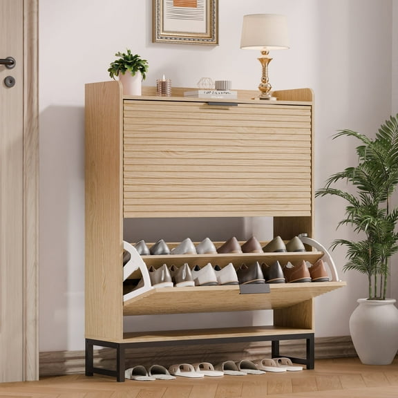 Tolead Freestanding Slim Shoe Storage Cabinet, Natural Wood, 16 Pair