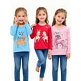 thumbnail image 3 of HILEELANG Girls Long Sleeve Graphic T-Shirts, 3-Pack Soft Cotton Crewneck Tees with Reindeer and Unicorn Prints, Blue Red Pink, Sizes 2T-12, 3 of 7