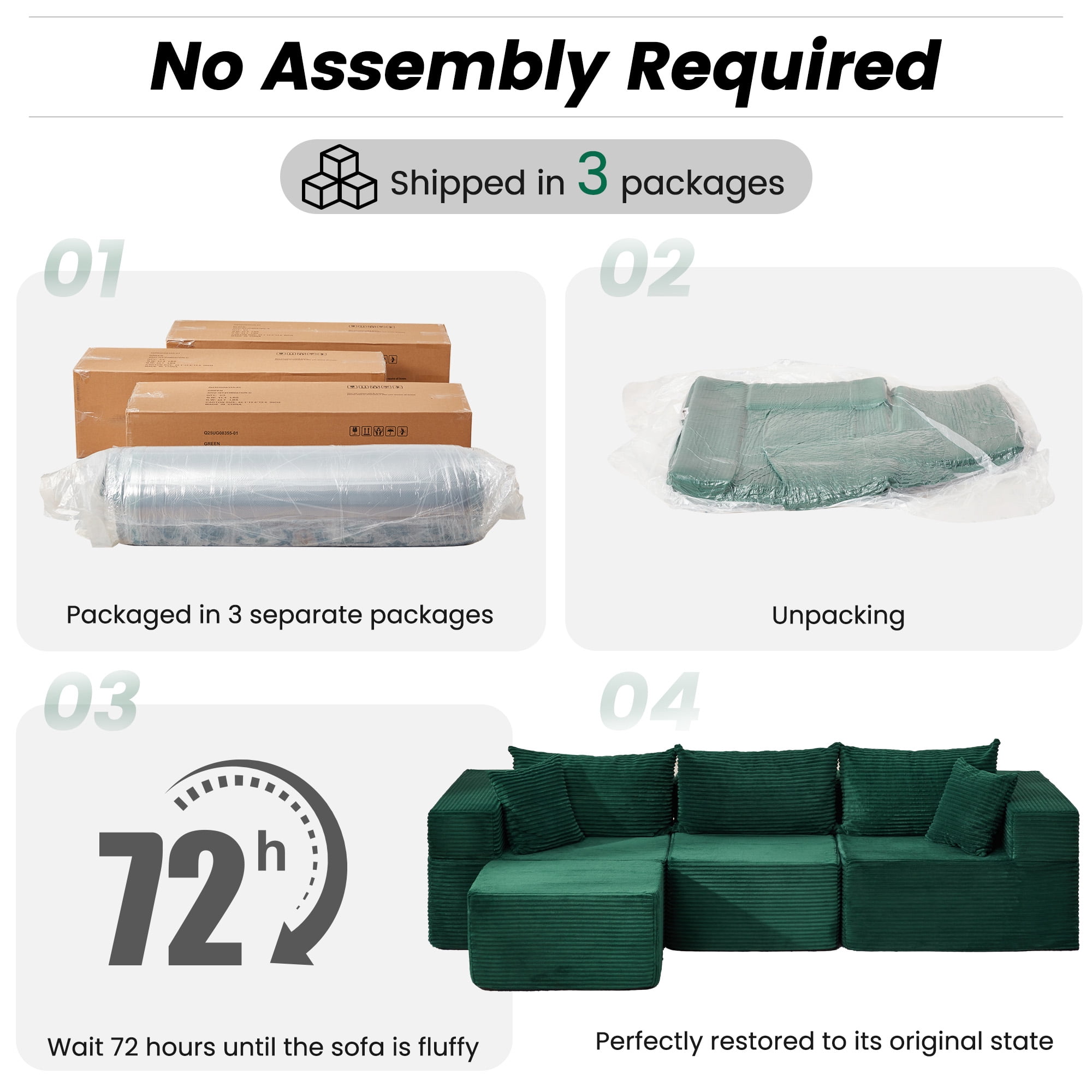 Vicluke 102" Cloud Couch Sectional, L Shaped Modern Sofa with Ottoman, Comfy Corduroy Fabric Modular Sectional Sofa in a Box, Boneless Couches for Living Room, No Assembly Required (Green)