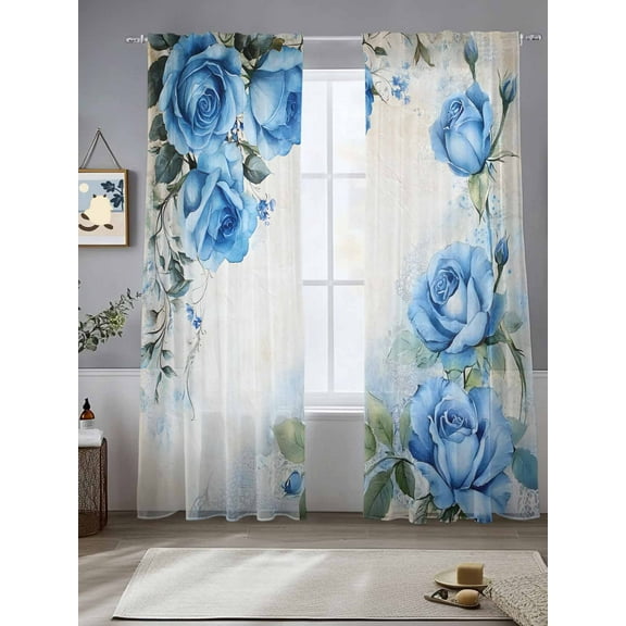 Blue Flower Spring Sheer Curtains for Living Room Bedroom Rose Leaves Garden Pastoral Retro Sheer Curtains 96 Inch Long 2 Panels Set Light Filtering Curtain Window Treatments Drapes for Dining Room