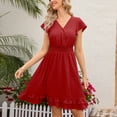 thumbnail image 5 of Sakmal V-Neck Sun Dresses for Women 2024 Red Mid-Length Basic Short Sleeve Solid Ruffle A-Line Dress, 5 of 7