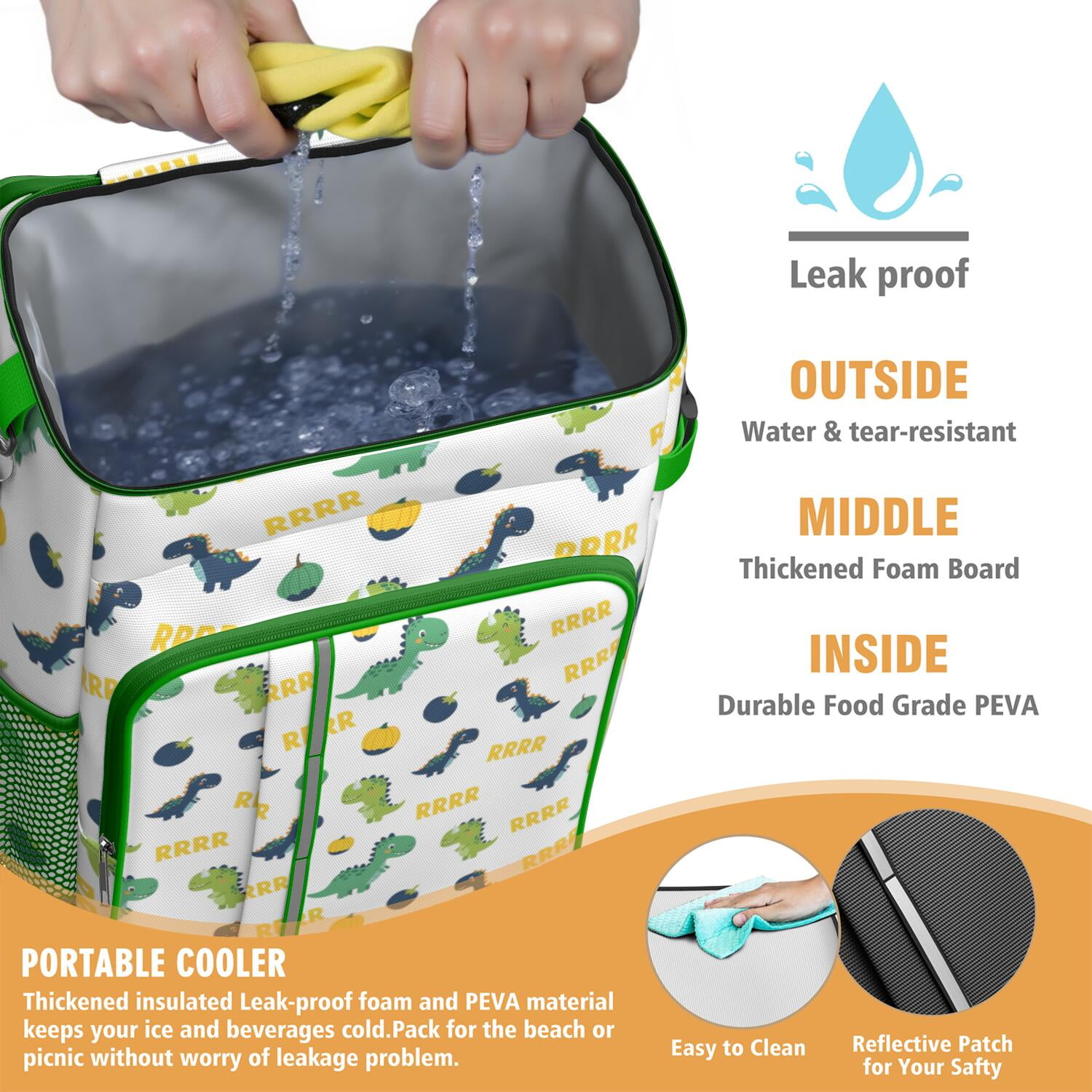 Travel Cooler Bag - White Cartoon Dinosaurs Pumpkins Pattern Camping Beer Cooler Backpack with Bottle Opener- Waterproof Insulated Picnic Backpacks - Cooler Bag for Beach