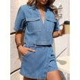 thumbnail image 5 of Women'S Denim 2 Piece Outfits Summer Lapel V Neck Crop Top Jean Skirt Shorts Set with Pockets  Set M, 5 of 8