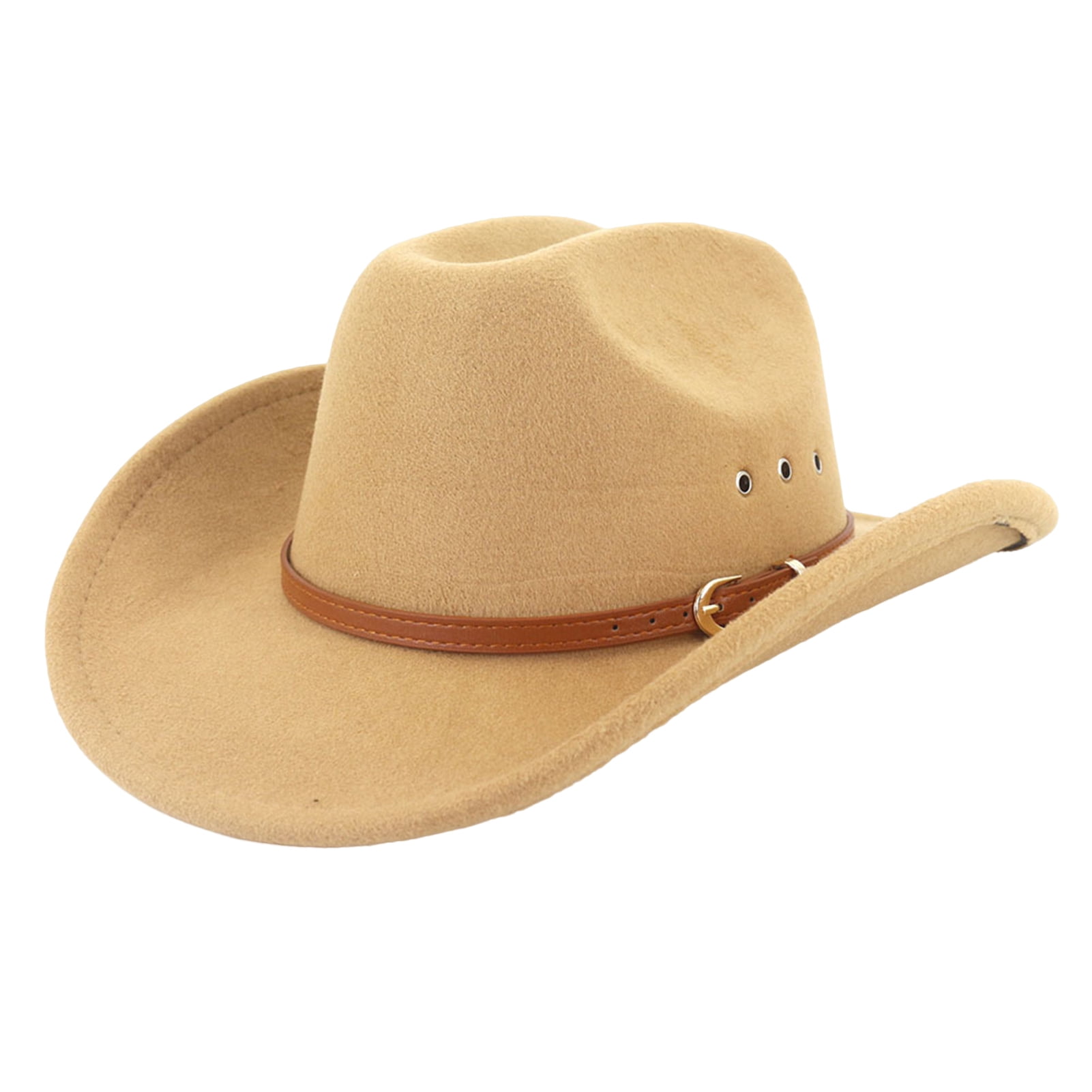 rygai Ethnic Style Wide Brim Hemming Faux Leather Belt Decor Jazz Hat Western Cowboy Cowgirl Fedora Hat Fashion Accessories,Khaki