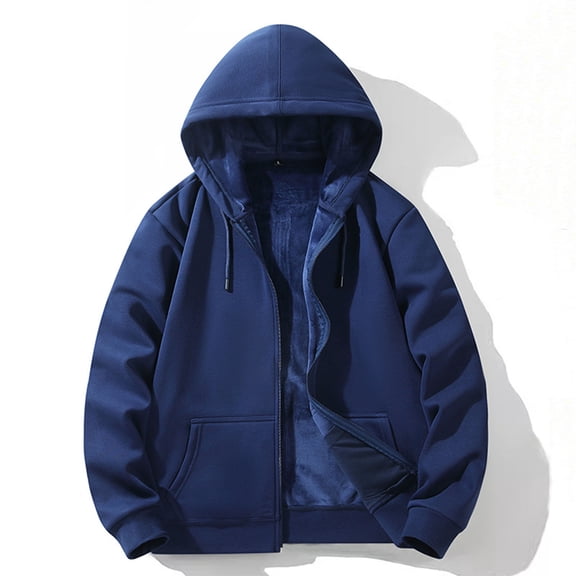 EchfiProm Zip up Men Sweatshirts Hoodie Dark Blue Jacket Loose Long Sleeve Thick Fleece Lined Sweatshirt with Pockets