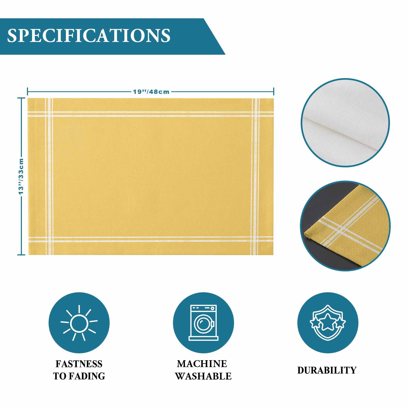 Placemats Set of 4, Solid Yellow Color Placemats Set of 4, Yellow Vintage Tablemats Washable Placemat Table Decoration for Kitchen Table Dinner Party Home Decor Indoor Outdoor 13x19 Inch