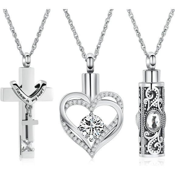 3 Pack Urn Necklace for Ashes for Women Gilrs Heart Cross Cylinder Cremation Jewelry for Ashes Memorial Keepsake Birthstone Pendant