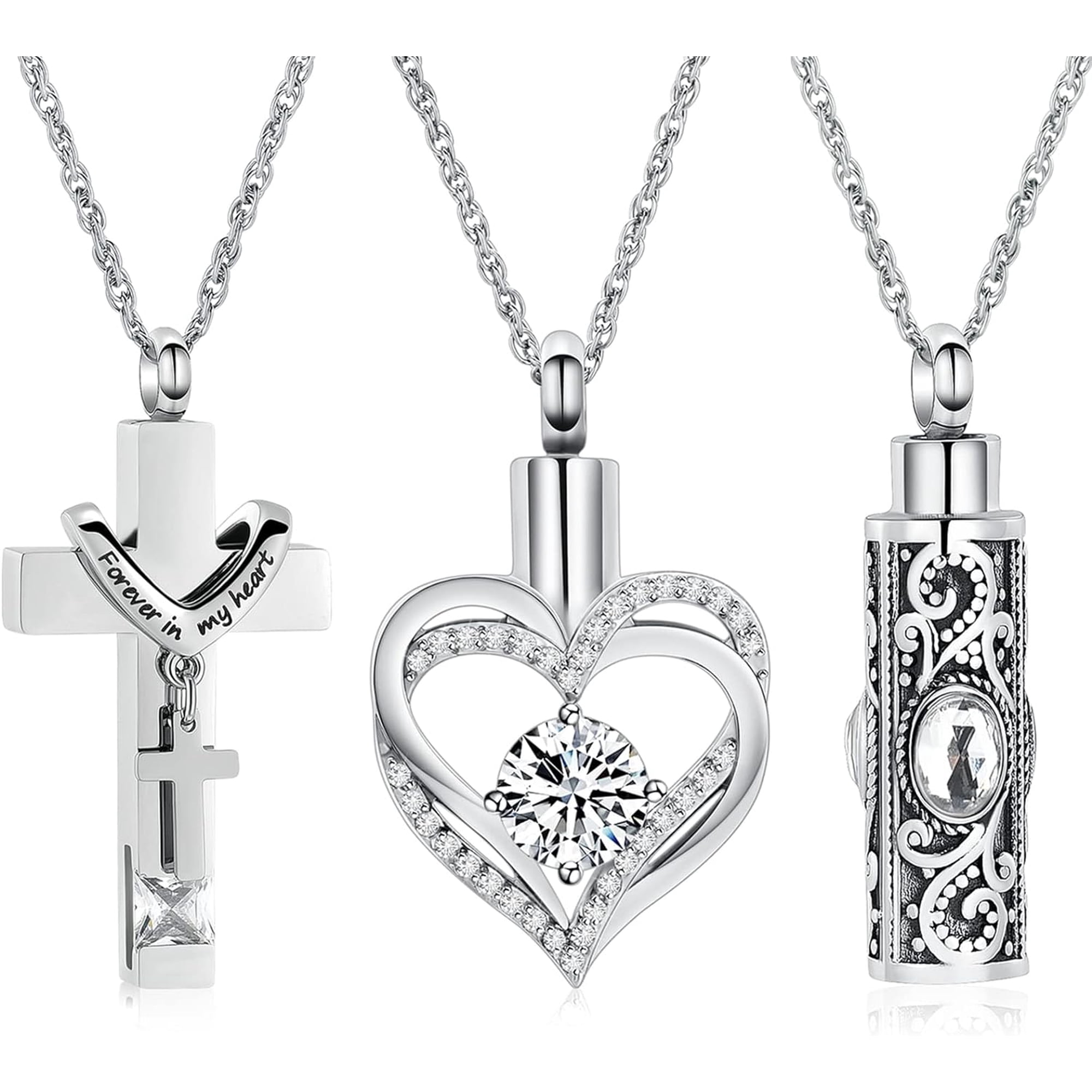 3 Pack Urn Necklace for Ashes for Women Gilrs Heart Cross Cylinder Cremation Jewelry for Ashes Memorial Keepsake Birthstone Pendant