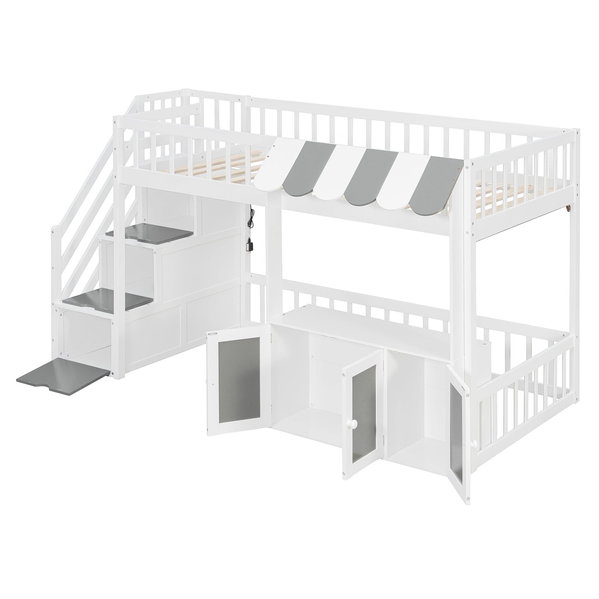 Mintazer Twin Size Loft Bed with Play Storefront & LED Lights, Kids Loft Bed with Guardrail and Storage Staircase & Cabinet for Bedroom, White & Gray