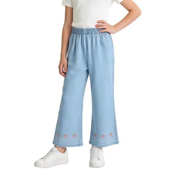 Lenpel Girls' Wide Leg Pants Ice Silk Elastic High Waisted Jean like Pull on Pants Baggy Casual Trousers for Kids(Light Blue,11-12 Years)