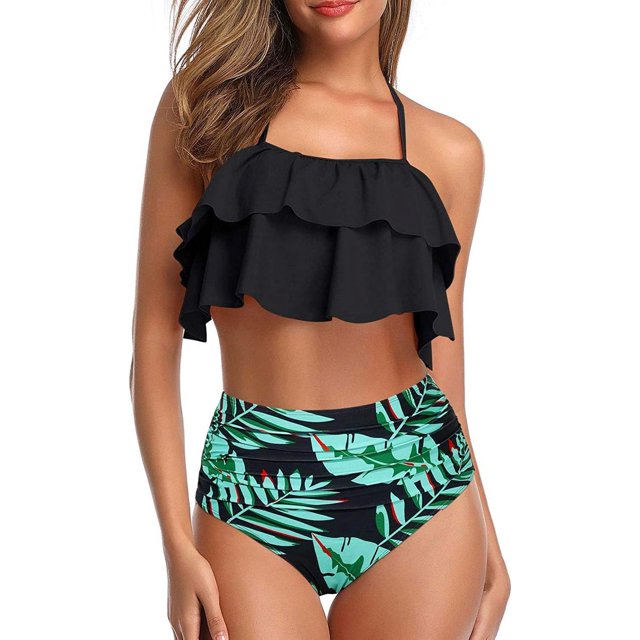 Tempt Me Trajes de baño de dos piezas para mujer, bikini de cintura alta, con volantes y control de barriga, trajes de baño halter