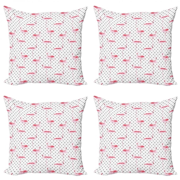 Ambesonne Retro Throw Pillow Cover 4 Pack, Flamingo Birds Polka Dots, 18", Pale Pink White