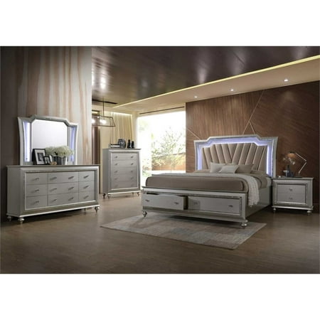 Acme Kaitlyn Bed with LED Headboard in PU and Champagne, Multiple Size
