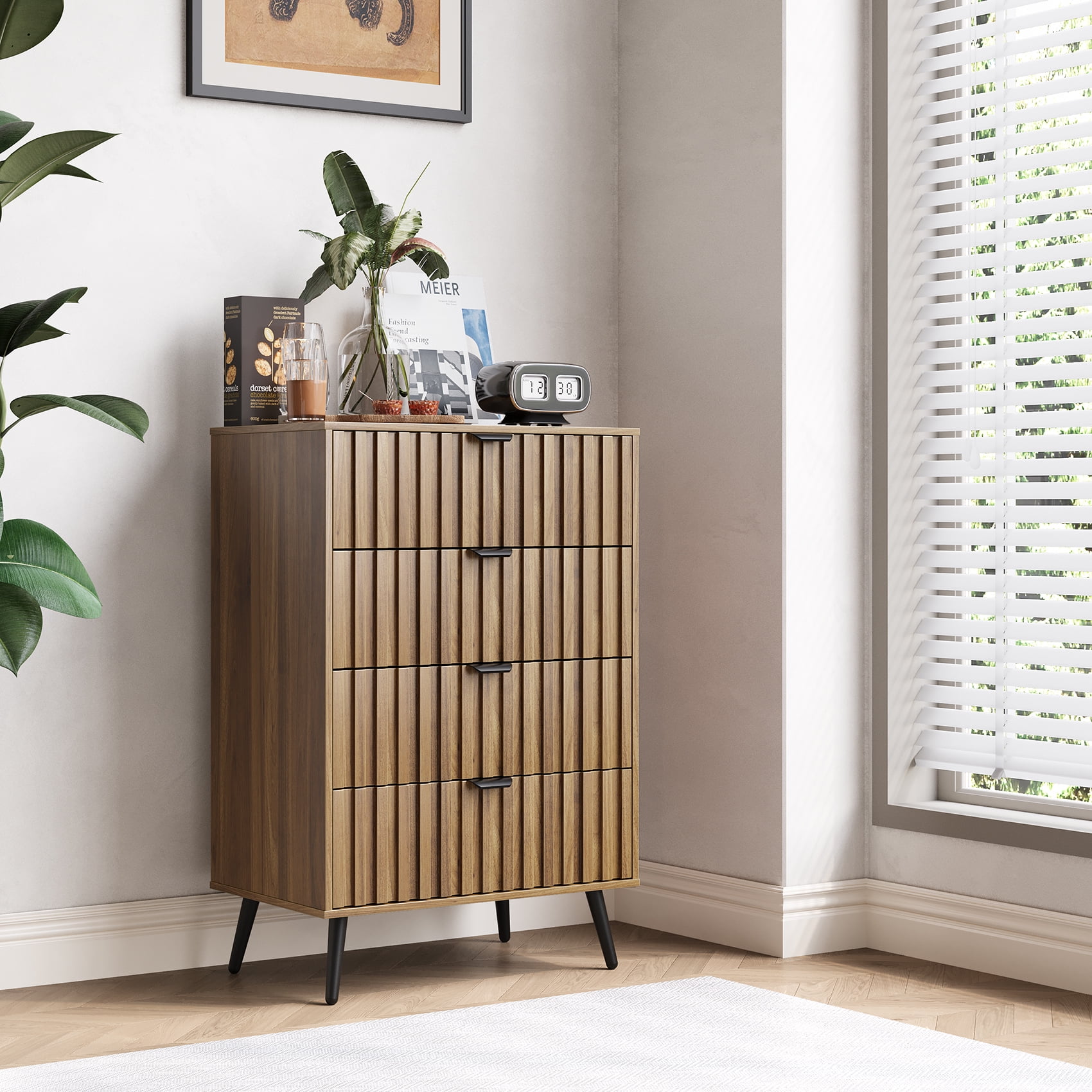 Semiocthome Dresser with 4 Fluted Drawers, Chest of Drawers Storage Cabinet, Walnut, Adult