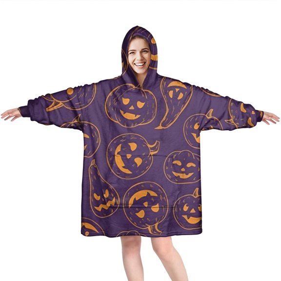 Wearable Oversized Blanket,Halloween Orange Pumpkins on Purple Wearable Blanket Hoodie for Adults,Cozy Hooded Blankets with Super Pockets,Super Warm Fuzzy Pullover for Women & Men