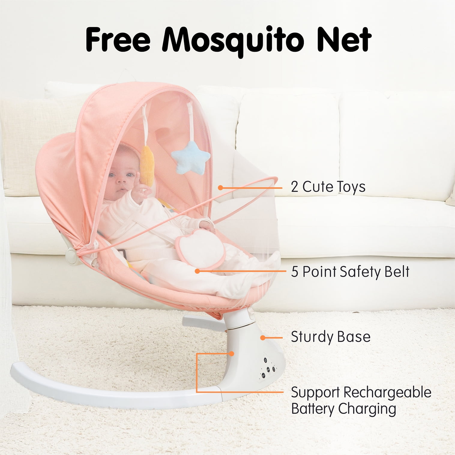 Aprpink 5 in 1 Large Baby Swing Bouncer with Rocking, Mosquito Net&Cute Toys Pink Striped for Toddler, 1 Count