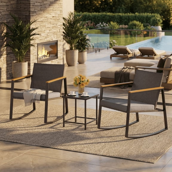 Aiho 3 Pieces Rocking Patio Furniture Set, Wicker Outdoor Chair Set with Coffee Table for Garden, Gray