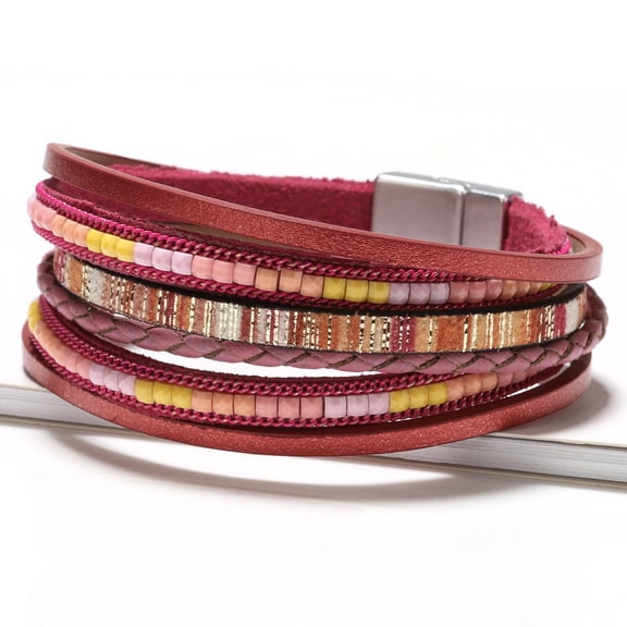 Women’s Bohemian Hand-Woven Leather Bracelet – Multi-Layer PU Bangle with Alloy Magnetic Clasp