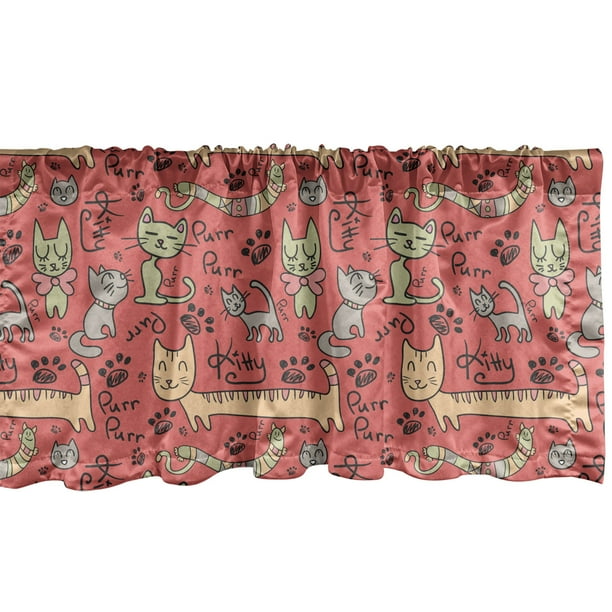 Cat Window Valance Pack of 2, Pattern with Hand Drawn Style Cats Purr