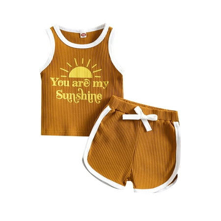 

Genuiskids Newborn Baby Girls Boys Summer Outfits You Are My Sunshine Sun Letter Print Sleeveless Tank Tops and Elastic Waist Casual Shorts Set 0-24 Months Infant Suit