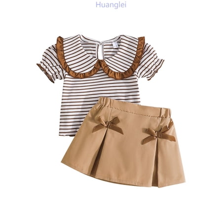 Huanglei Toddler Girl Summer 2Pcs Skirt Outfit Knitted Ribbed Long Sleeve T Shirt Tops Plaid Skirt Set Girls Lounge Set Size 12-18 Months /Toddler/Yellow
