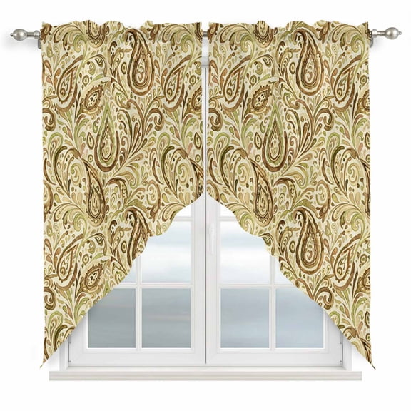 Beige Brown Green Swag Curtains for Kitchen/Bedroom/Living Room, Retro Botanical Abstract Art Scalloped Curtains 63 Inch Long, Rod Pocket Window Swag Topper Curtains Valances 2 Panels Set 36"x63"