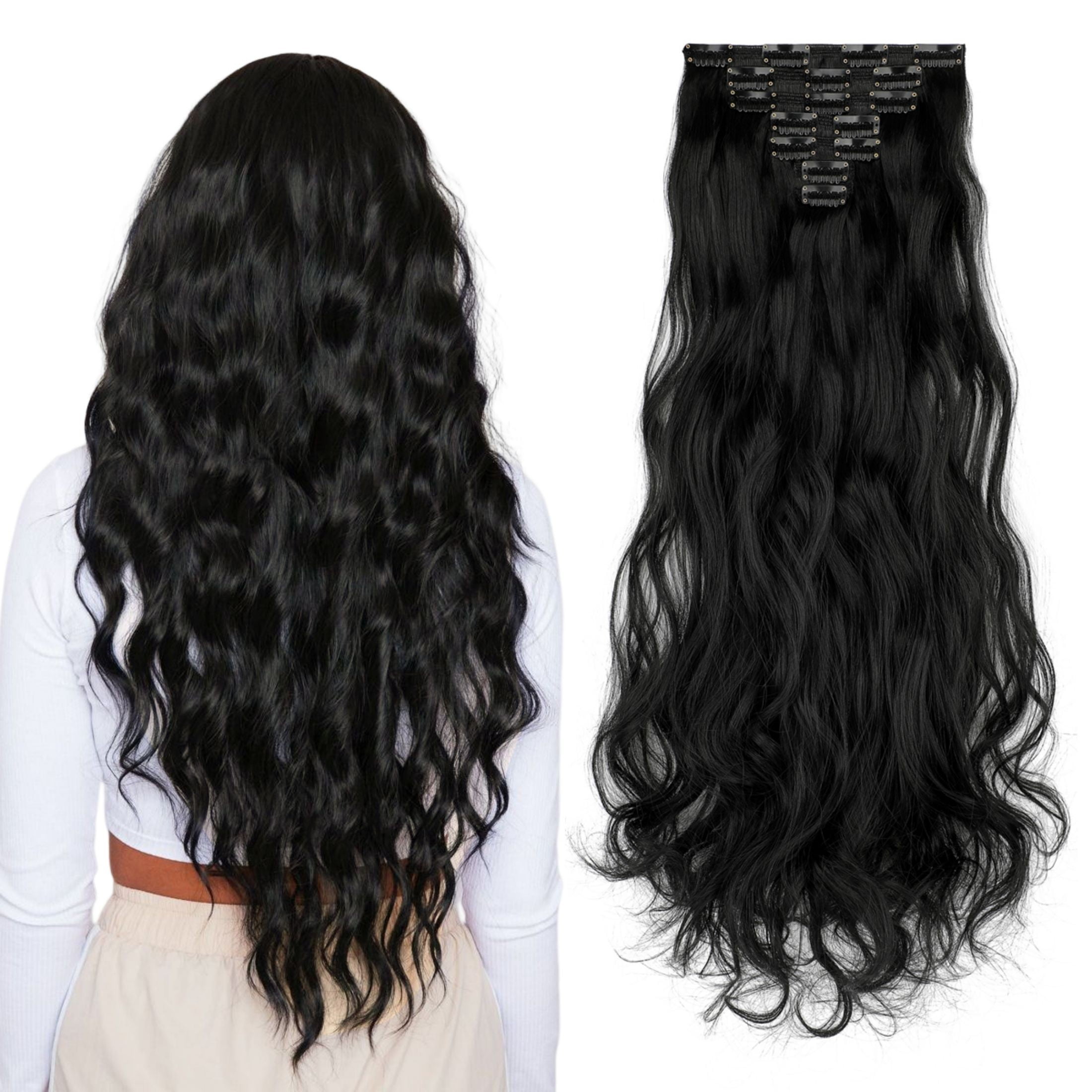 Qlenkay Clip in Hair Extensions Synthetic Hair 7 pcs Double Weft Long Wavy Straight Hair Extension for Women