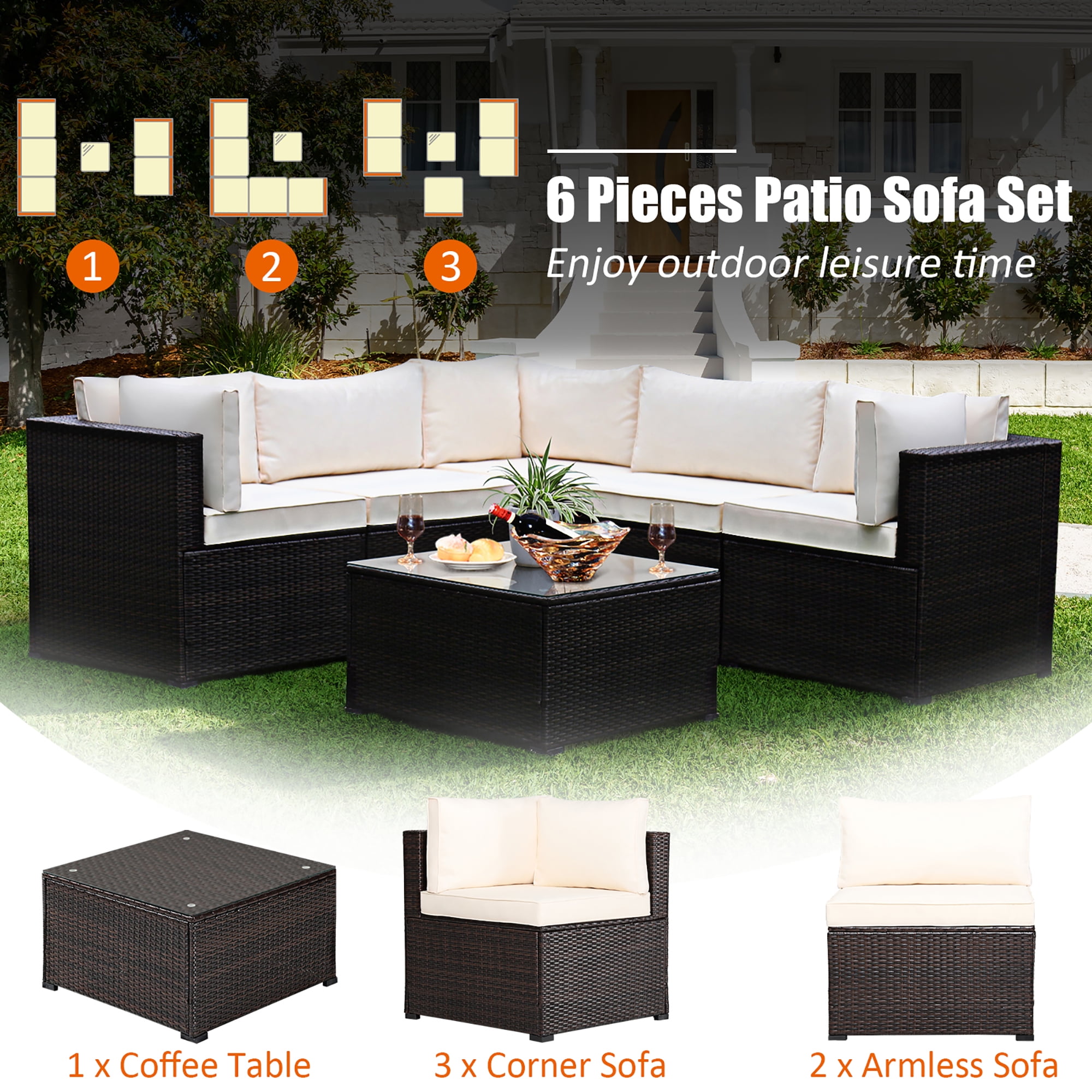 Costway  6PCS Patio Rattan Furniture Set Sectional Cushioned Sofa Deck Beige
