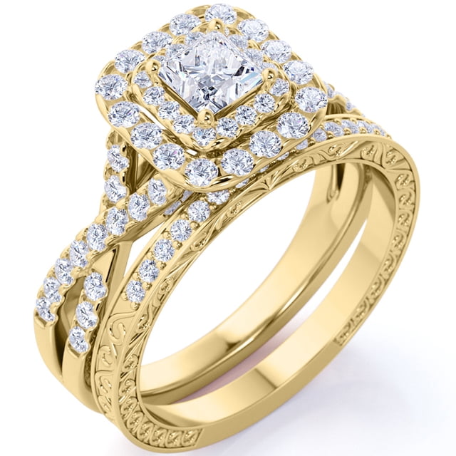 Anillo de bodas JeenMata de 1,25 ct con moissanita cuadrada, doble halo trenzado y pavé de inspiración vintage, chapado en oro amarillo