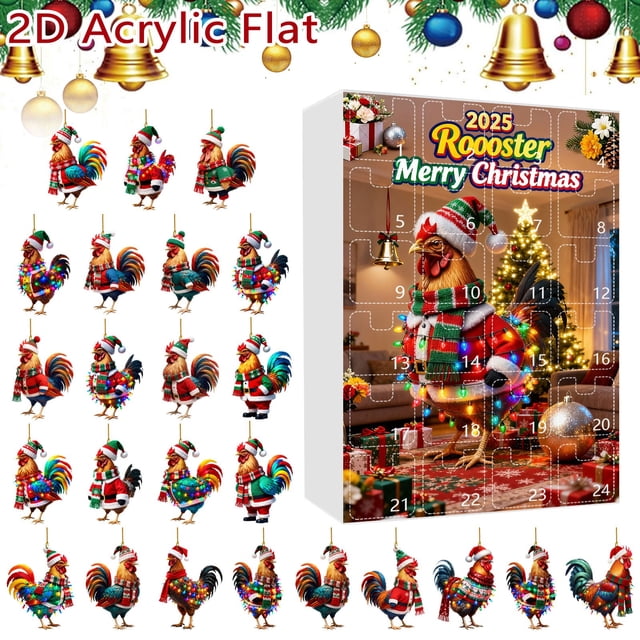 Rooster Advent Calendar Ornament Set Featuring Santa Hat And Festive Scarf For Holiday Countdown Celebration