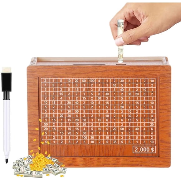Piggy Bank Wooden Money Box Money Saving Box with Money Target and Numbers for Kids & Adults 8*3*7in (2000)