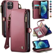 for iPhone 12/12 Pro Case, RFID Blocking for iPhone 12 Wallet Case for Women with Card Holder, Zipper Magnetic Flip PU Leather Strap Protective Cover for iPhone 12/Pro Phone Case, Wine Red