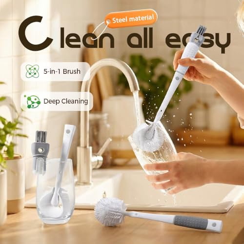 360° Flexible Silicone Bottle Brush with Long Handle, New Bottle Cleaning Brush, Deep Cleaning Bottle Cleaner for Narrow Neck Bottles, Water Bottles, Baby Bottles & Glassware