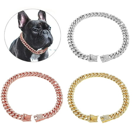 Opvise Pet Dog Cuban Chain Collar Wide Sparkling Rhinestones Dog Necklace Small Medium Large Dogs Jewelry Accessories Silver