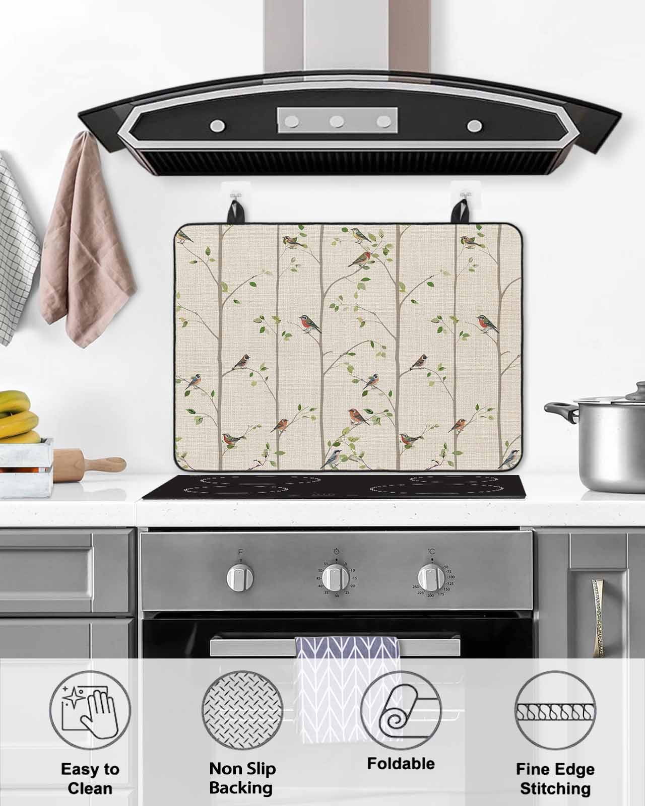 Large Induction Cooktop Protector Mat Sparrow Stove Top Covers for Electric Stove, Spring Birds on The Branches Retro Country Beige Decorative Stove Burner Cover Mats, Glass Top Stove Cover
