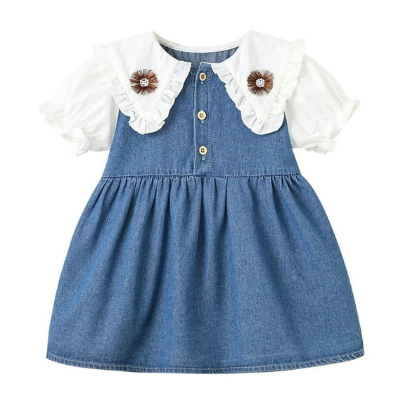 Hrsba Kids Summer Dress,Casual Dress for Girls,Toddler Kids Baby Girls Fashion Cute Short Sleeve Flower Print Cowboy Dress,Blue ,3 Years