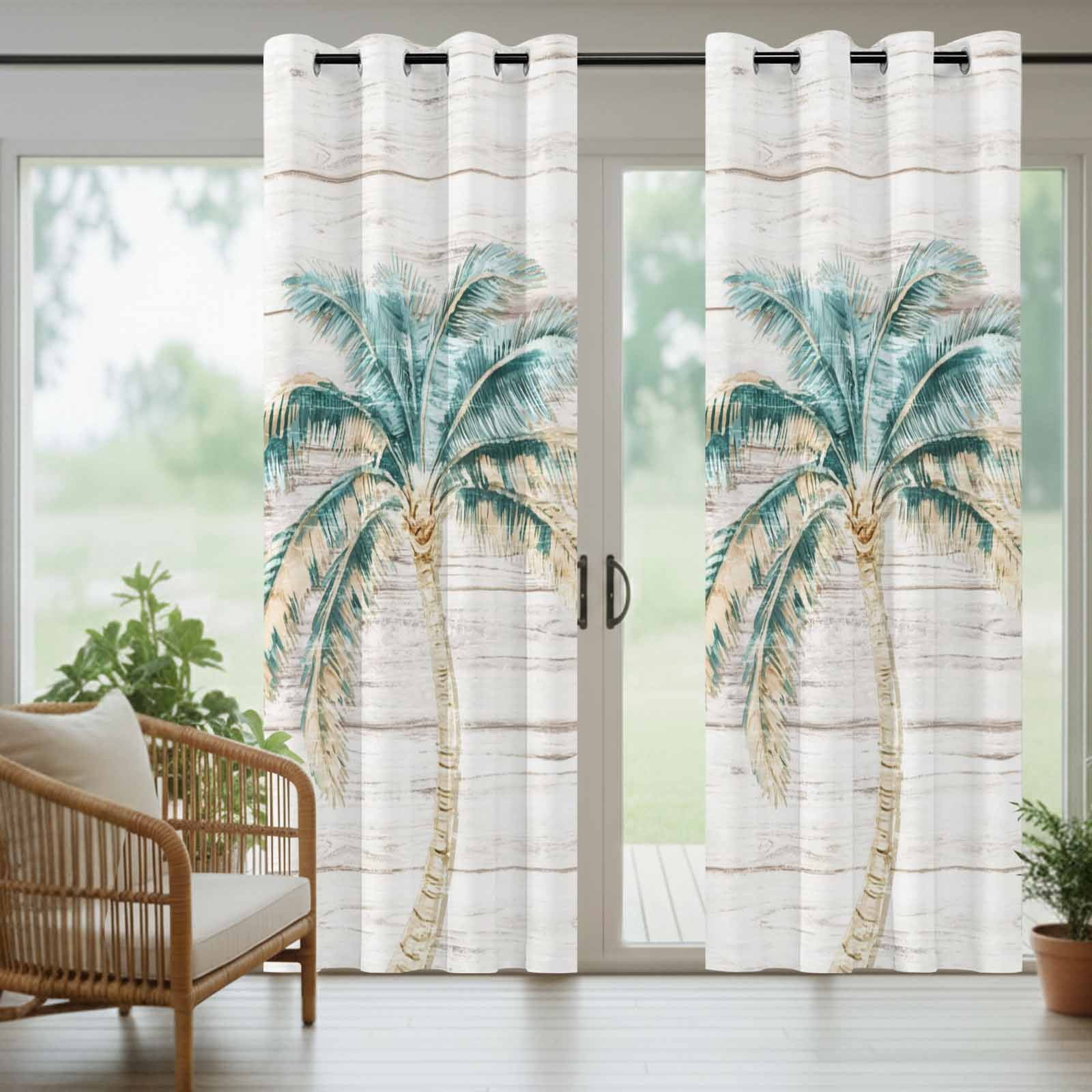 Palm Tree Outdoor Curtains for Patio, Vintage Green Tree Coastal Plant Modern Wood Striped Sunshade Privacy Drapes Grommet Waterproof Outside Curtains for Porch/Cabana/Balcony 54"x 108", 2 Panel