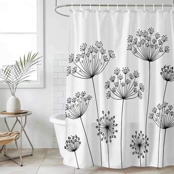 Black Dandelion Standard Shower Curtain Set, Waterproof Shower Curtains for Bathroom, Spring Country Modern Minimalist Flower Washable Fabric Bath Curtain for Bathtub with Hooks 72x72 Inches
