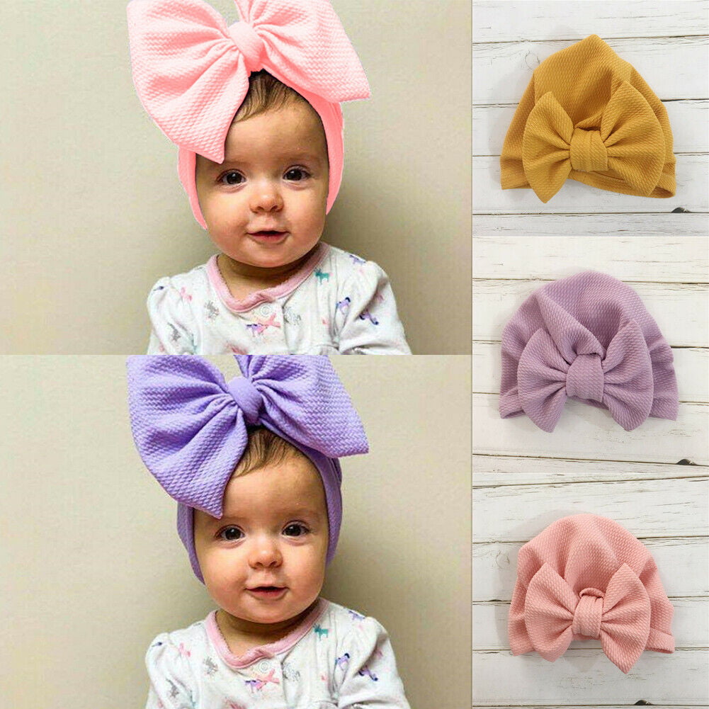 Baby Girls Triple Ribbon Bow Turban Head Wrap Cute Kids Ear Hat Cotton Cap Plain 