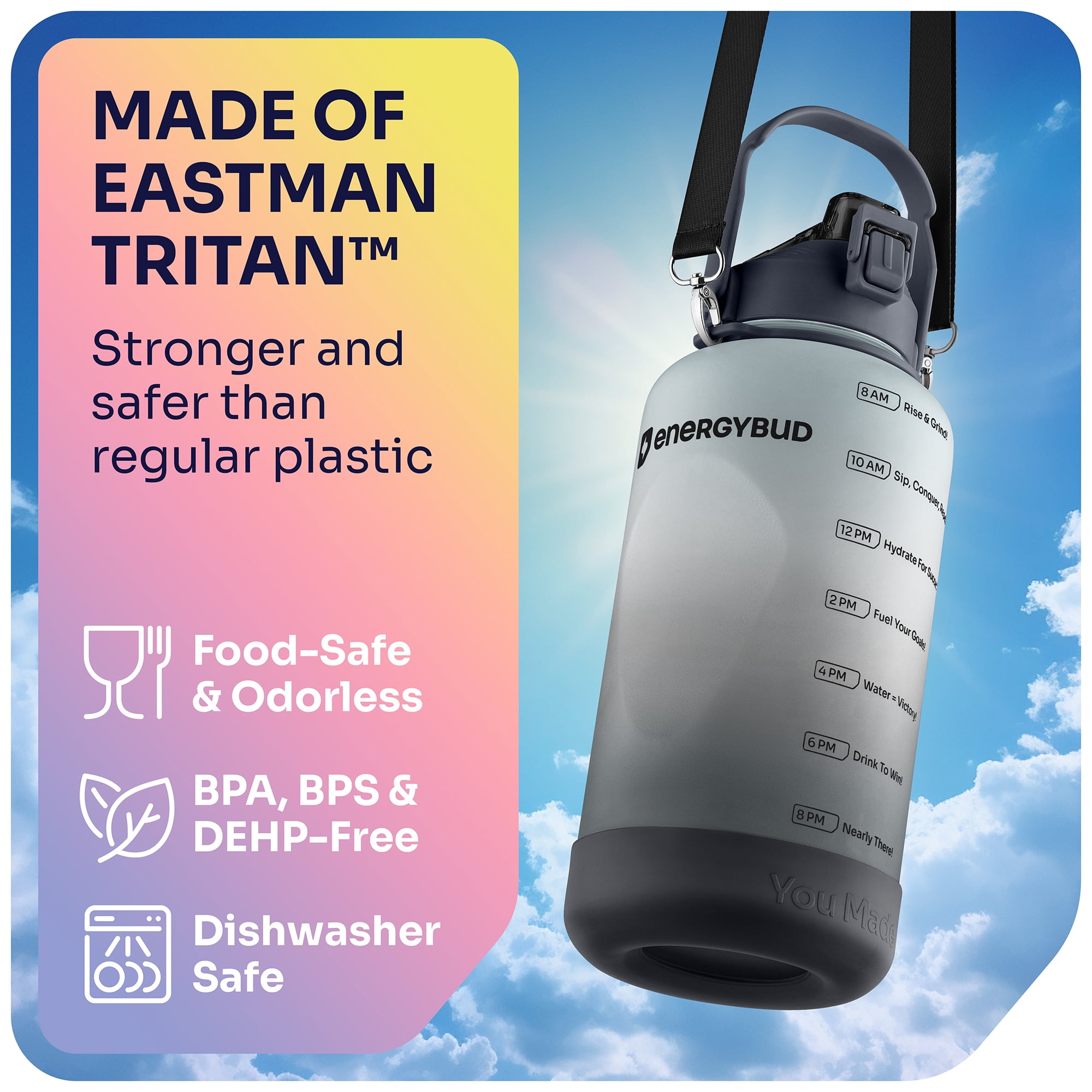 EnergyBud ½ Gallon Water Bottle with Straw and Handle, Large Motivational 74.3 oz BPA-Free Leakproof Water Jug with Strap and Time Marker for Fitness, Gym, Outdoor, and Daily Hydration