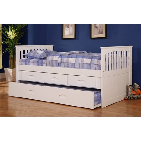 Trundle Unit - American Furniture Classics Model 0235-TRW, Solid Pine Twin Rake Bed with Trundle Unit and Three Drawers in White