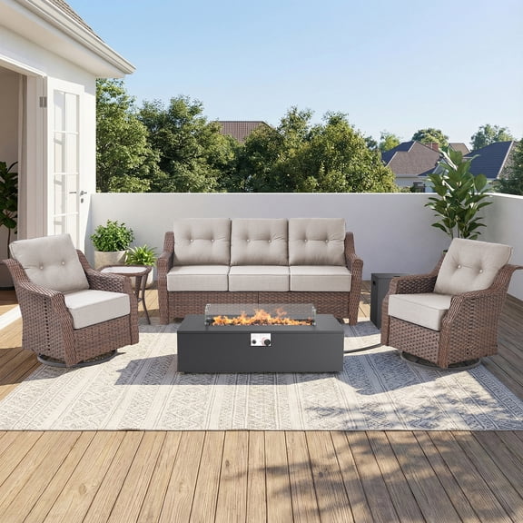 Patiobula Patio High-Back Furniture Set with Fire Pit Table, Outdoor Sectional Swivel Rocker Chairs Sets with Luxury 6-Inch Cushions, Wicker Conversation Set for Porch, Balcony, Deck, Brown/Beige