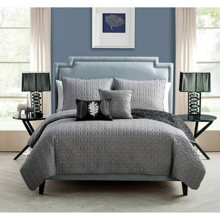 VCNY Hayden Two-Tone Geometric Embroidered Reversible 5-Piece Bedding Quilt Set, Decorative Pillows Included