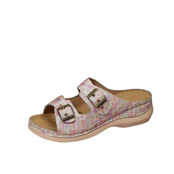 Orthopedic Sandals for Women, Women's Wide Width Flat Sandals with Arch Support, Open Toe Wedge Flops with Buckle for Walking