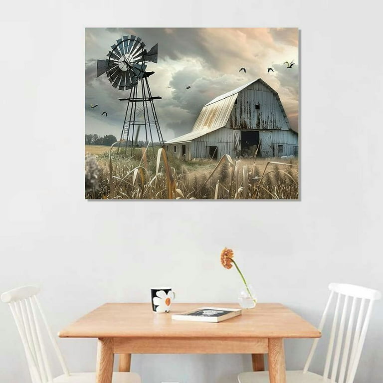 CANFLASHION Farmhouse Old Barn Framed Canvas Wall Art, Old Barn
