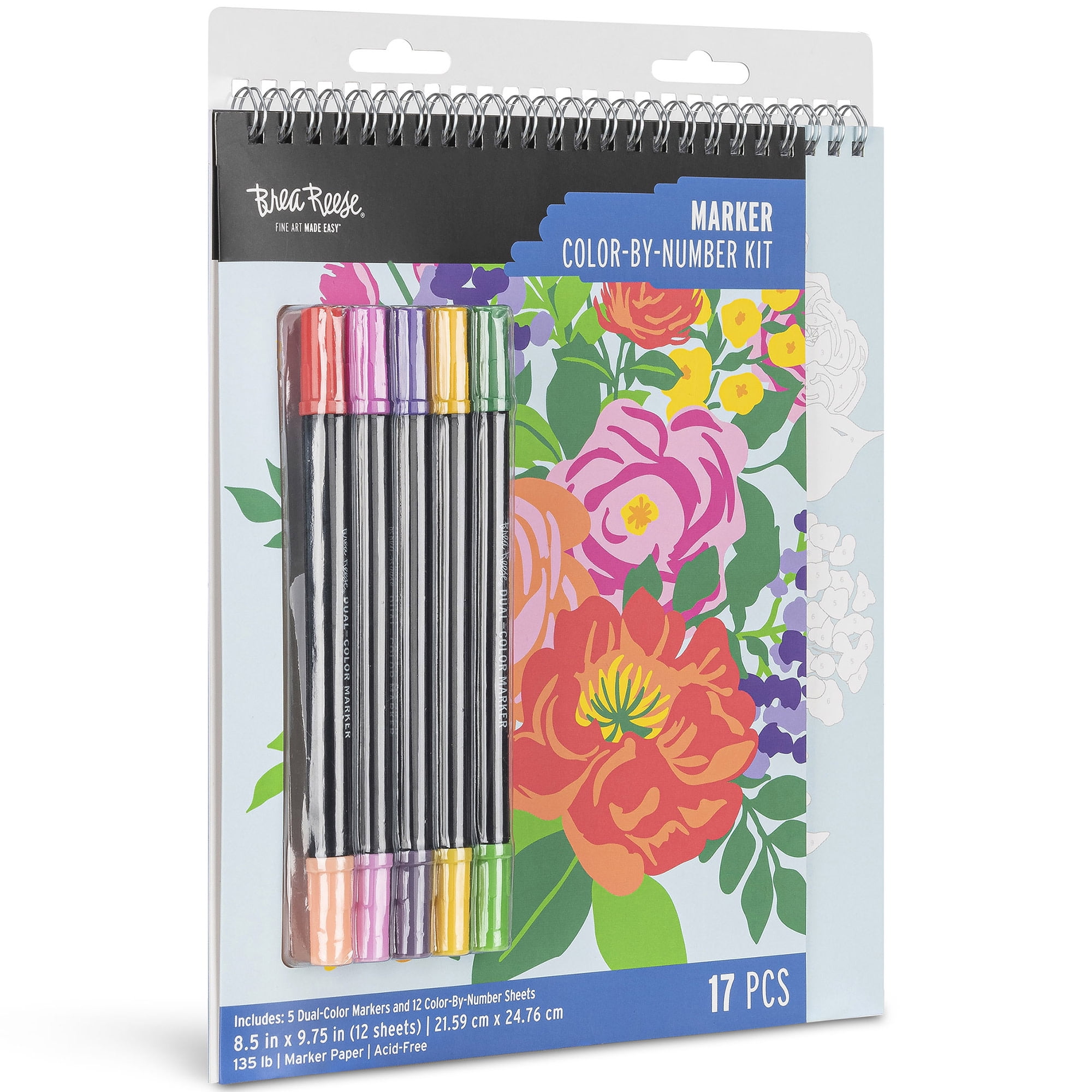 Brea Reese: Marker Color-by-Number Kit - Fruit & Floral - 5 Dual-Tip Markers, 12 Bright Designs, Guided Art, 8.5 x 9.75" Pages, Adult Spiral Art Pad